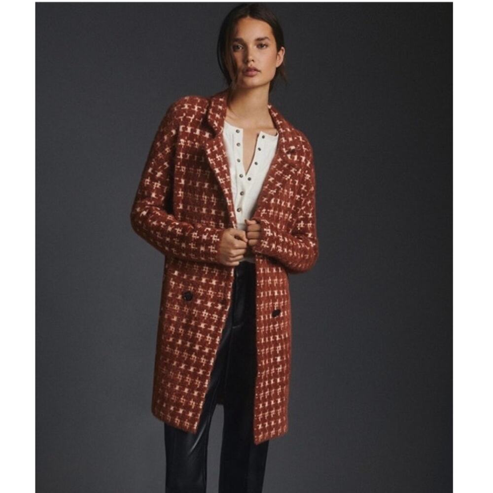 NVLT Rust and Cream Houndstooth Long Knit Coat